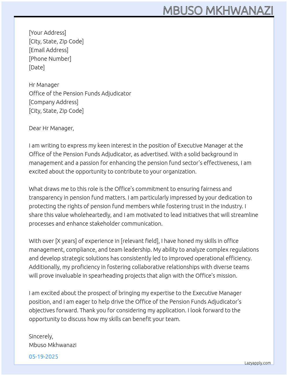 Executive Manager: Office of the Pension Funds Adjudicator At Office of the Pension Funds Adjudicator Cover Letter