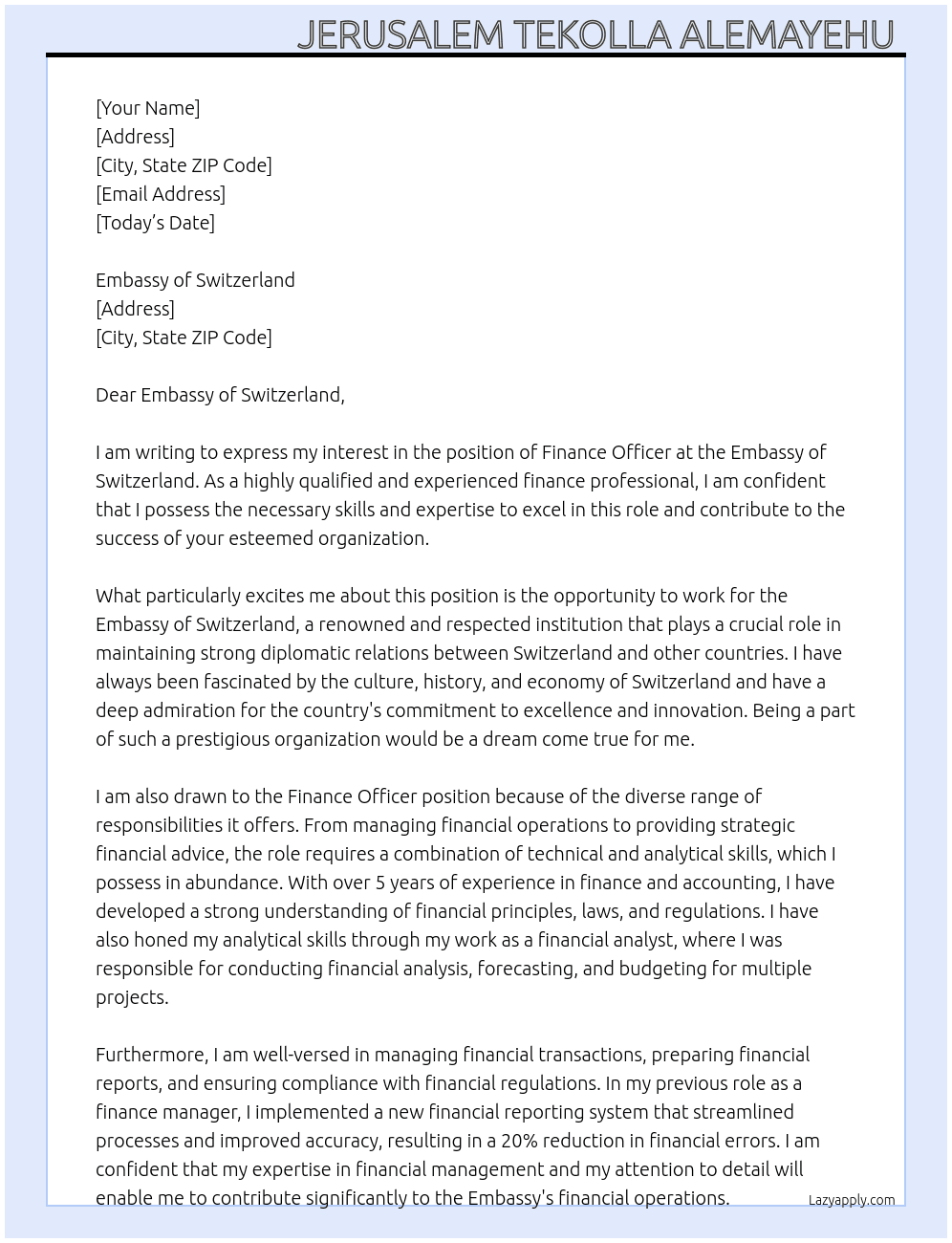 Finance Officer  At Embassy of Switzerland  Cover Letter