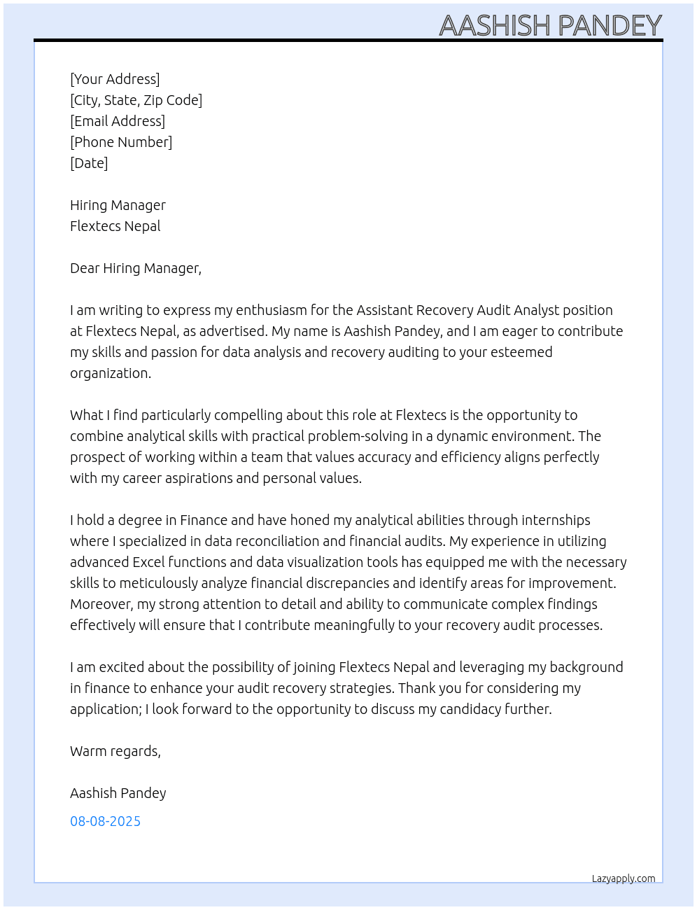 Assistant recovery audit analyst  At flextecs nepal Cover Letter