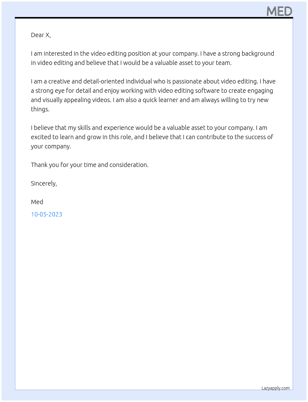 video editing At x Cover Letter