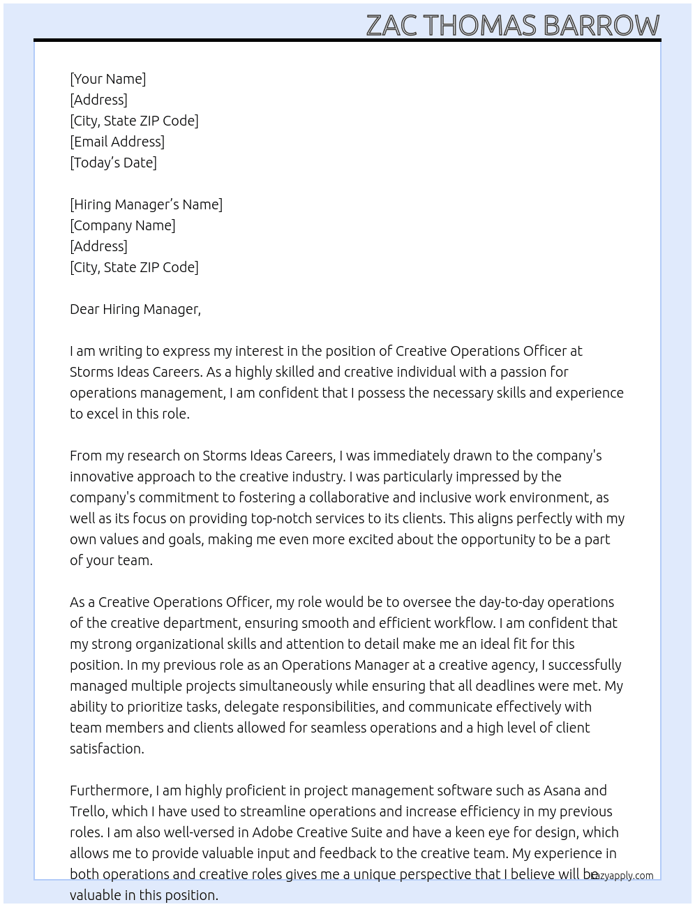 Creative Operations Officer At Storms Ideas Careers Cover Letter