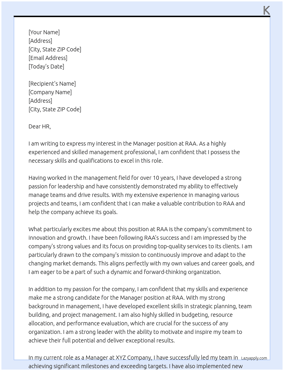 Manager  At RAA Cover Letter
