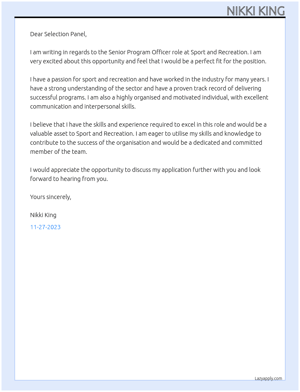 Senior Program Officer At Sport and Recreation Cover Letter