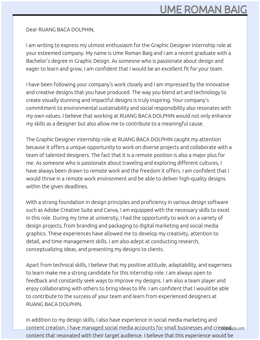 grpahic deginer At RUANG BACA DOLPHIN Cover Letter