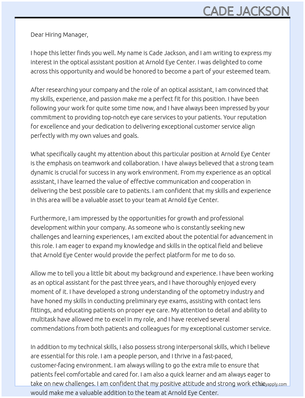 optical assistant At Arnold Eye Center Cover Letter