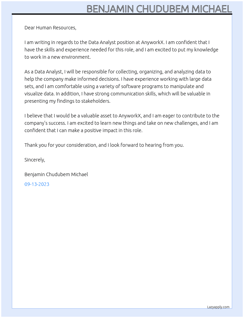 Data Analyst At AnyworkX Cover Letter