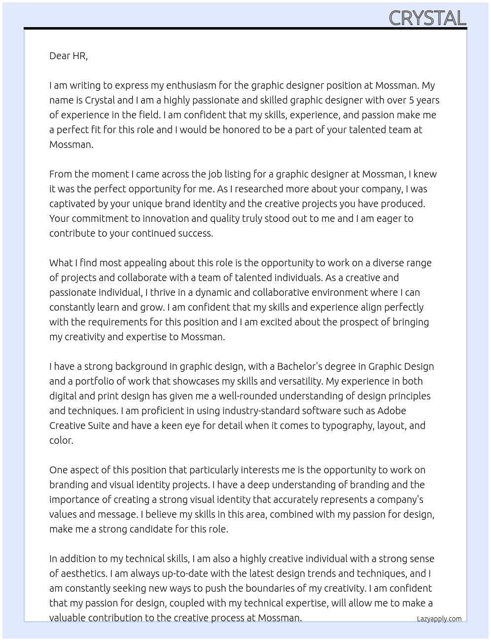 graphic designer At mossman Cover Letter