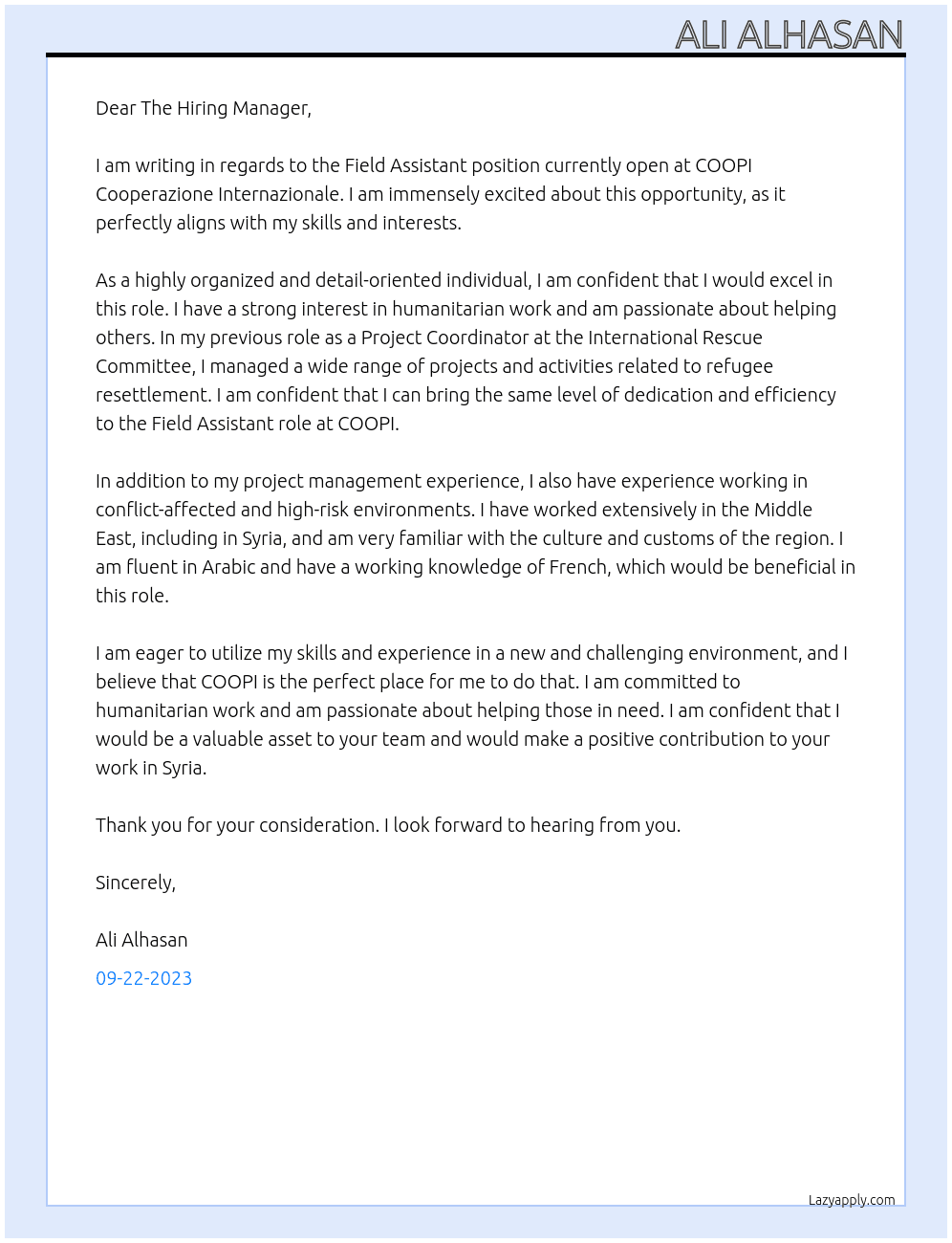 Field Assistant At COOPI Cooperazione Internazionale Cover Letter