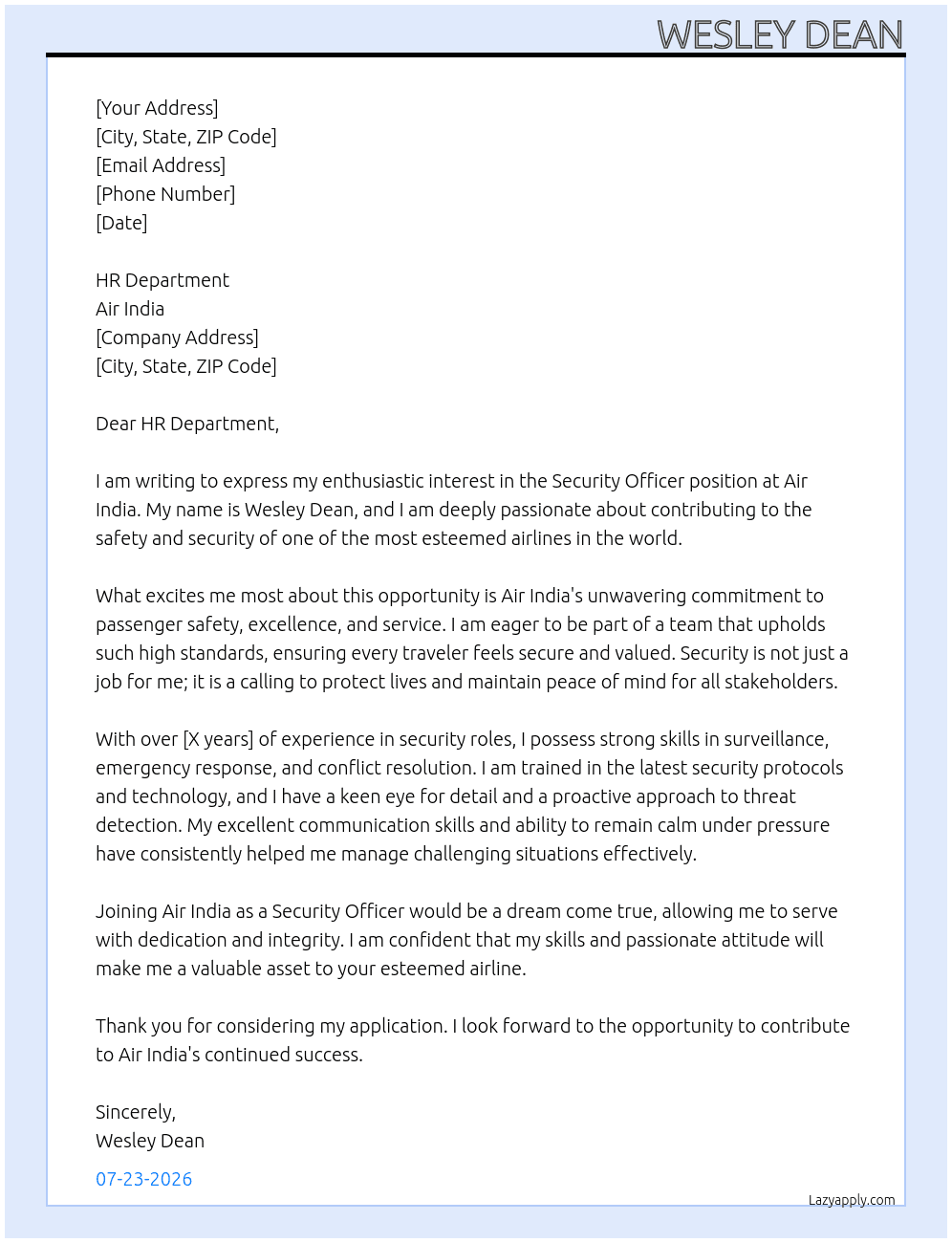 SECURITY OFFICER At AIR INDIA Cover Letter