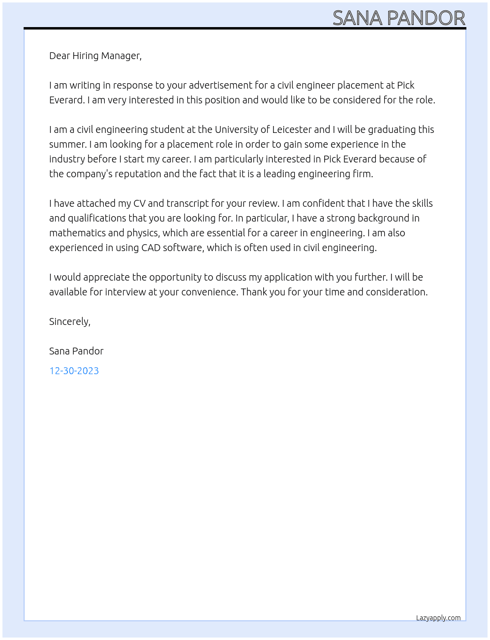 Civil Engineer Placement At Pick Everard Cover Letter