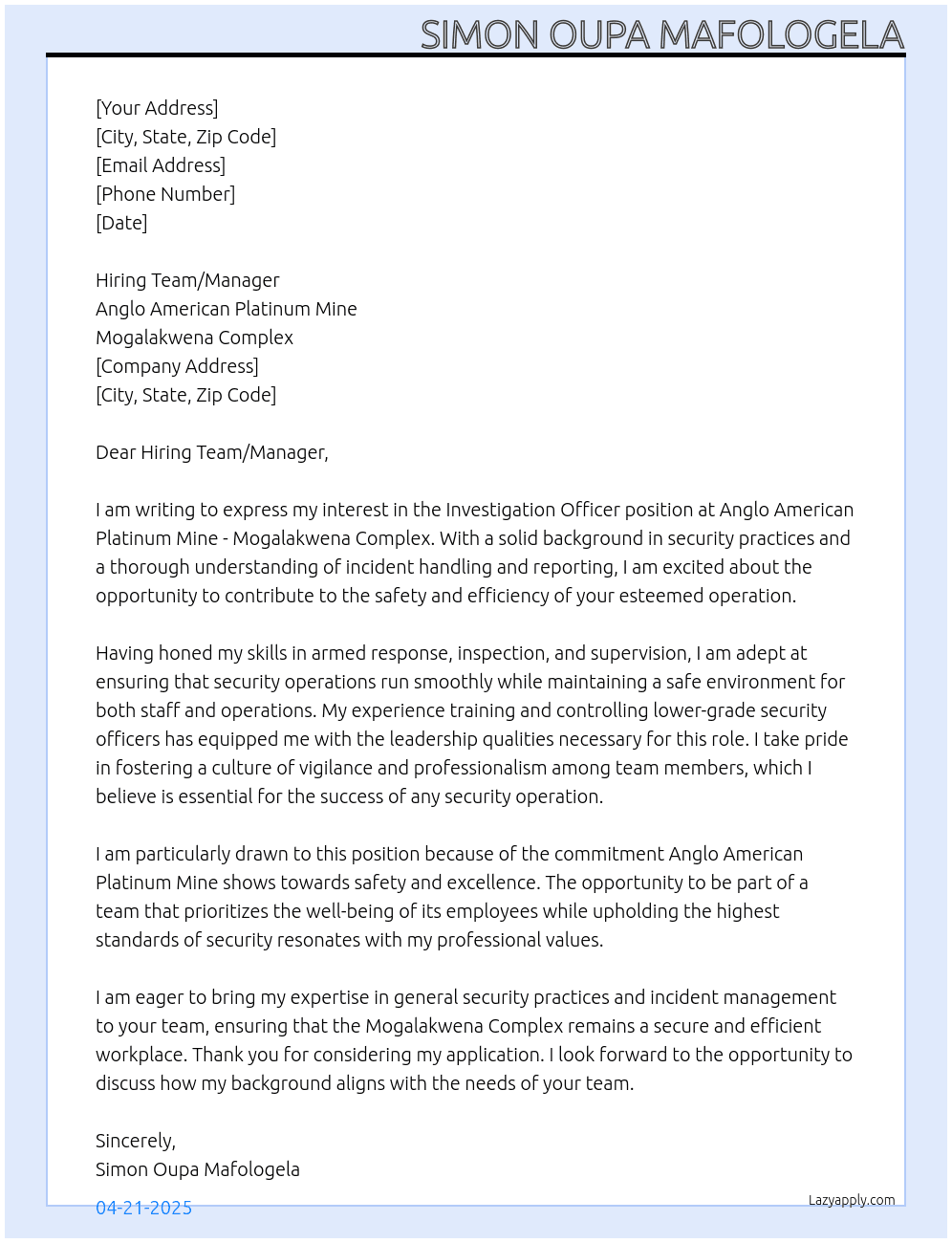 Investigation Officer At Anglo American Platinum Mine - Mogalakwena Complex Cover Letter