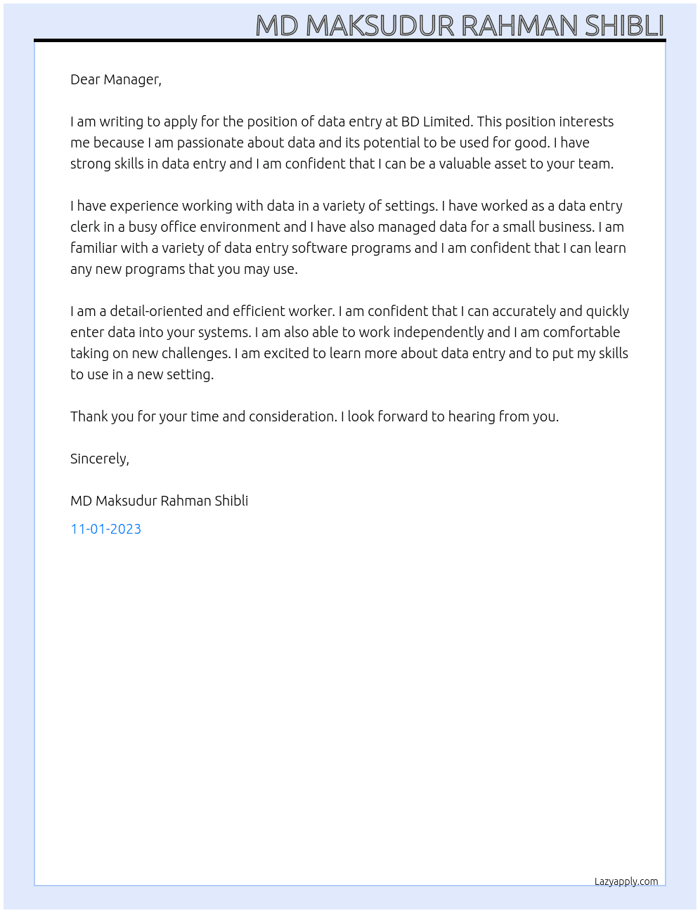 data entry At BD Lemited Cover Letter