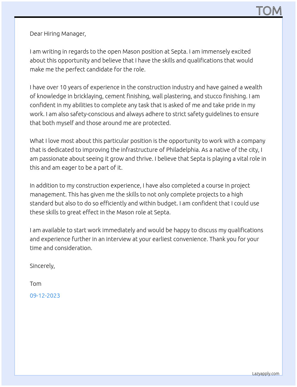 Mason At Septa Cover Letter