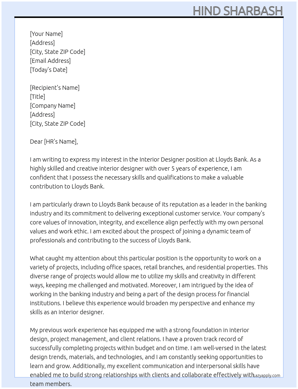 Interior designer  At Lloyds Bank Cover Letter