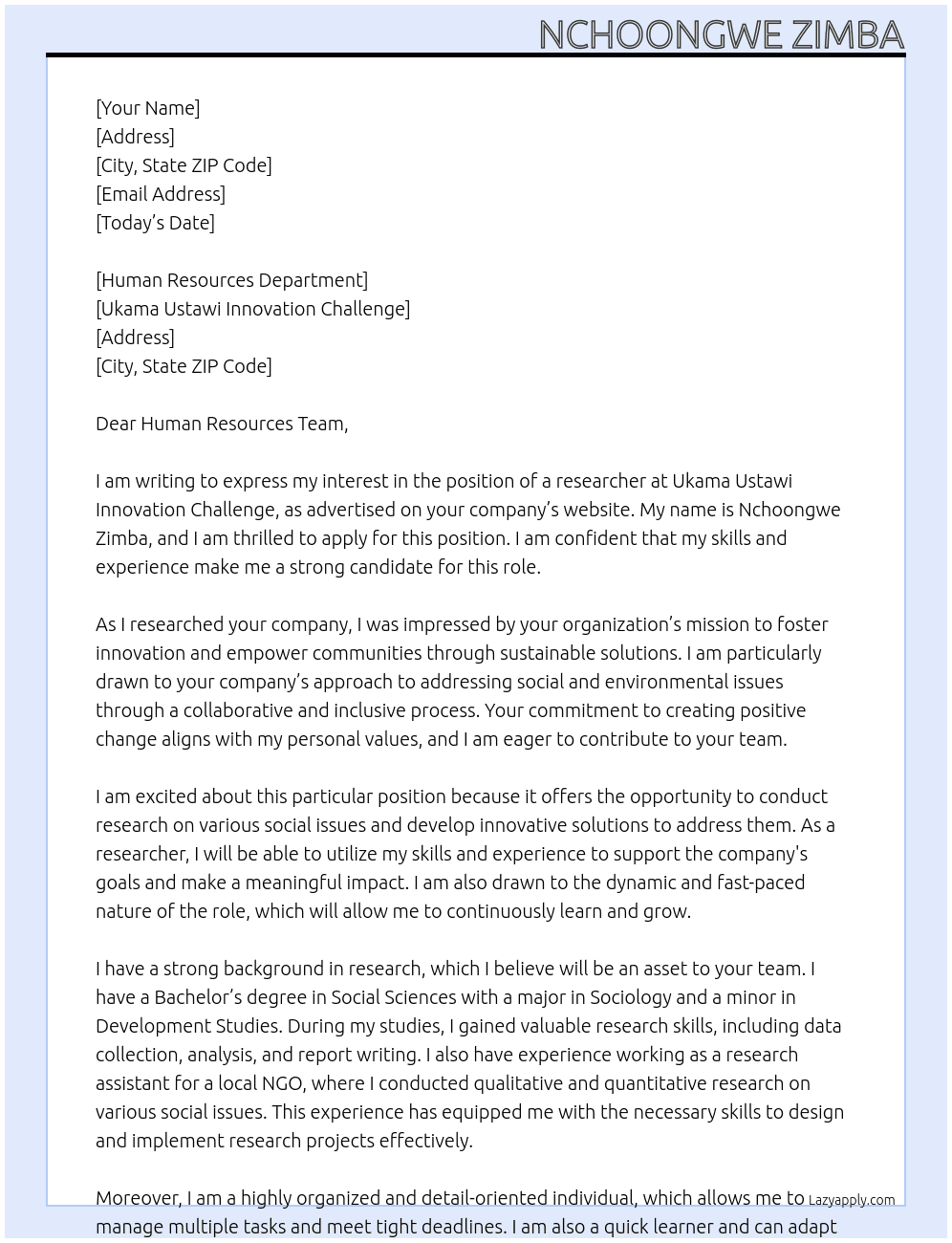 researcher At ukama ustawi innovation challenge Cover Letter