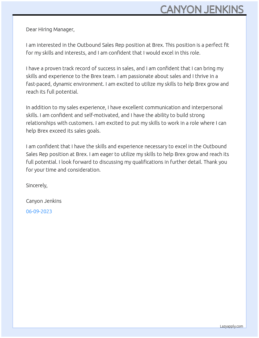 Outbound Sales Rep At Brex Cover Letter