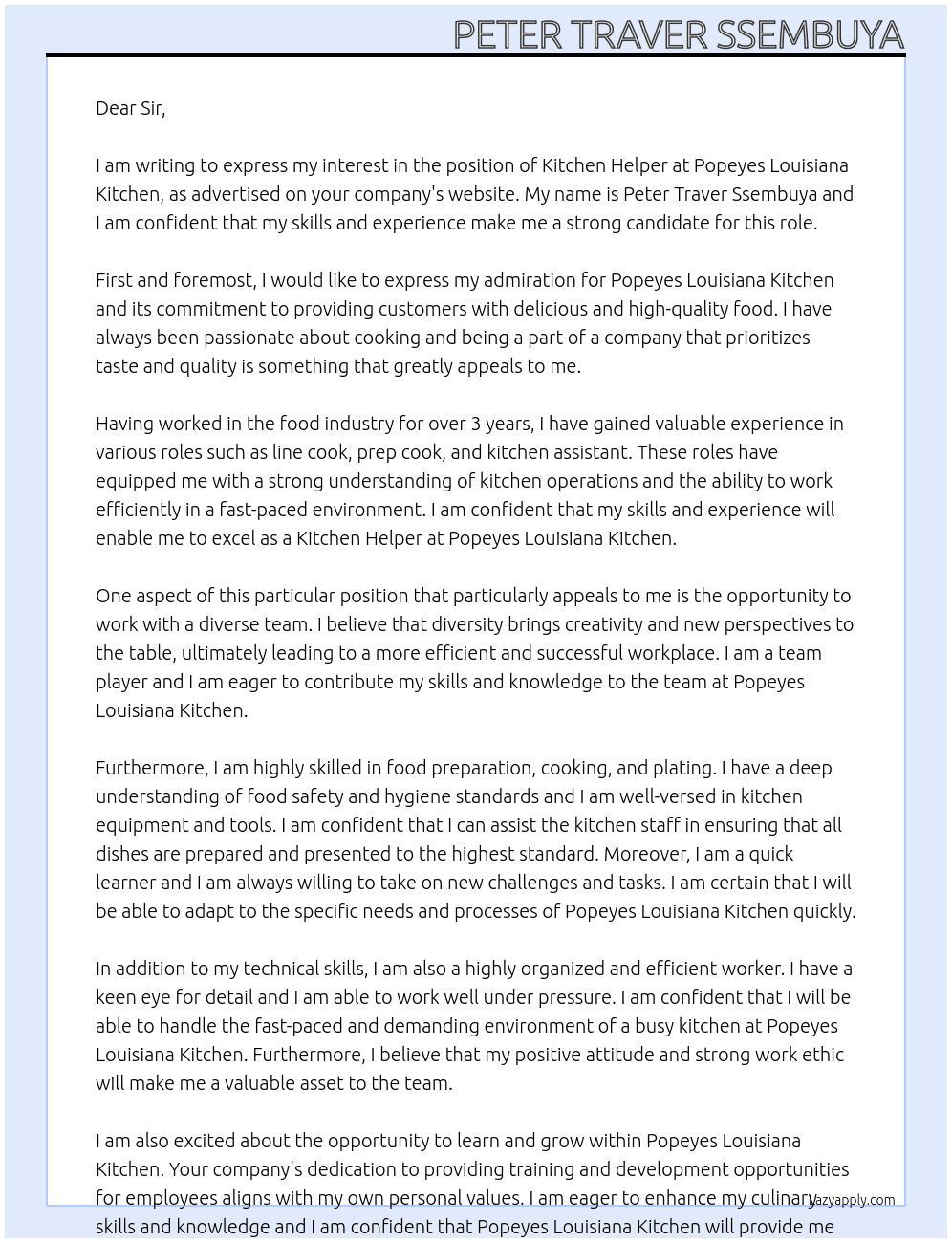 Kitchen helper At Popeyes Louisiana kitchen Cover Letter