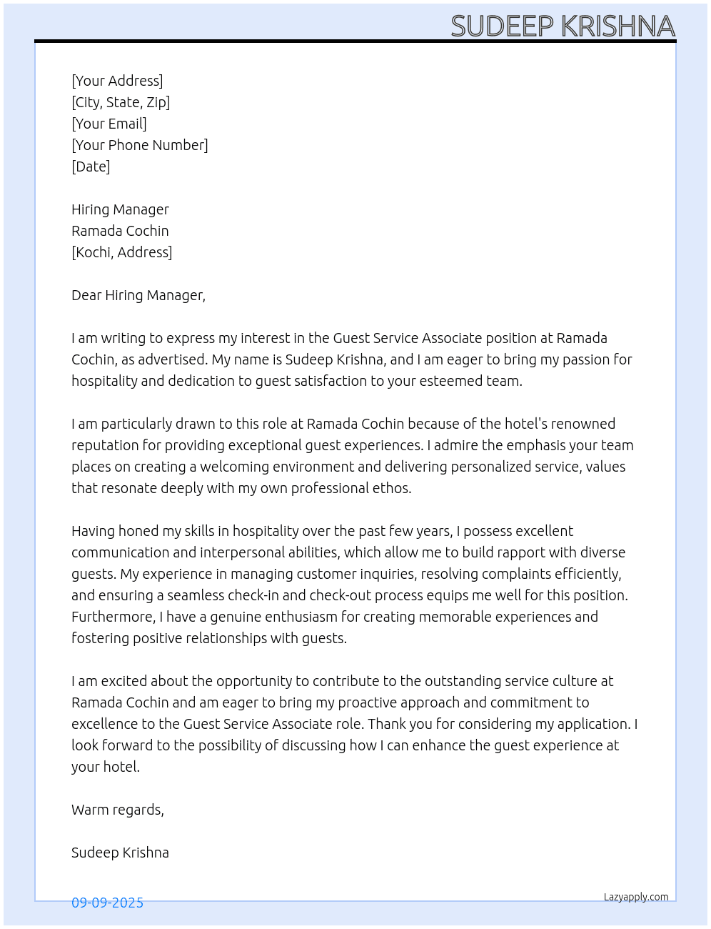 Guest Service Associate At Ramada Cochin Cover Letter