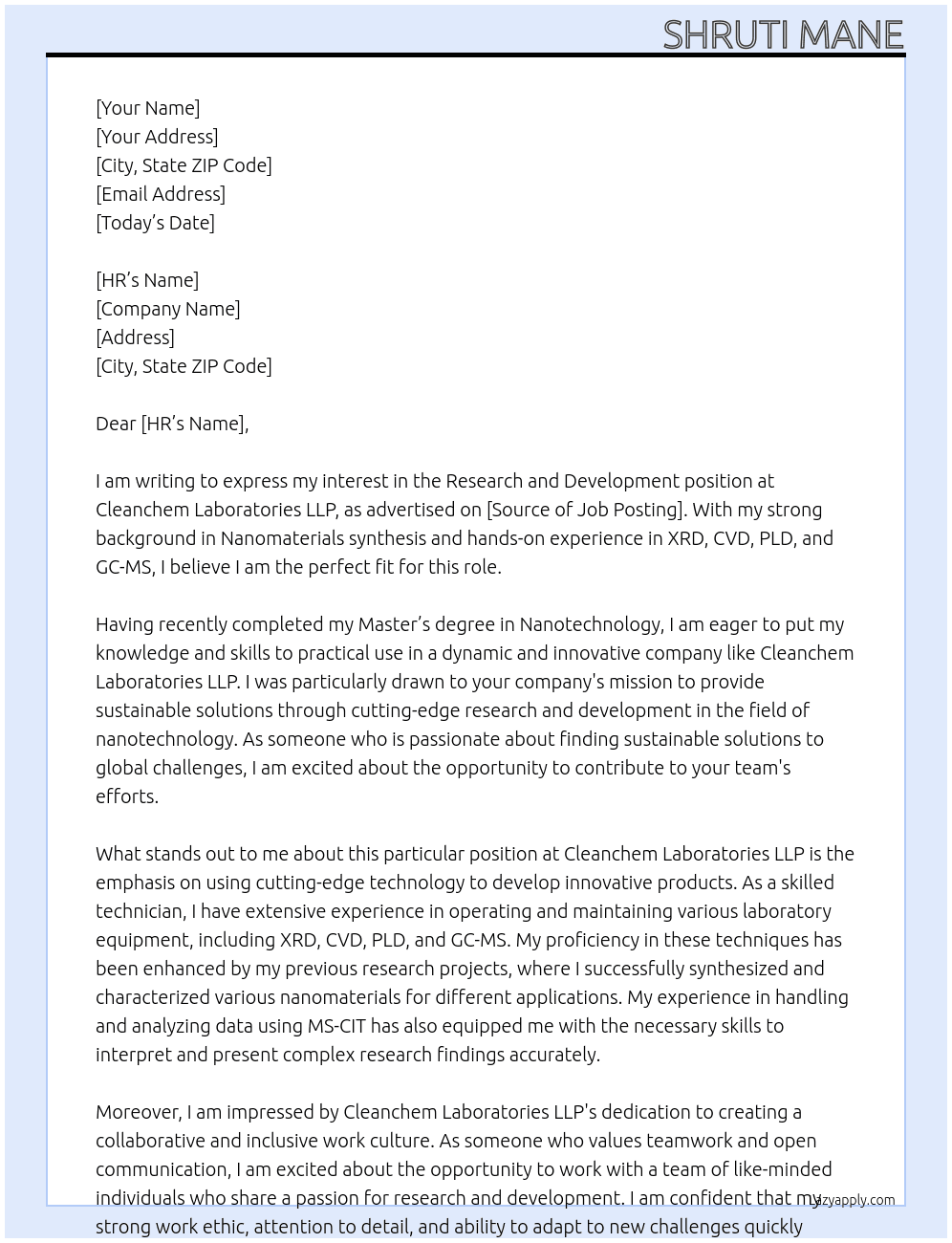 research and development  At Cleanchem Laboratories LLP Cover Letter