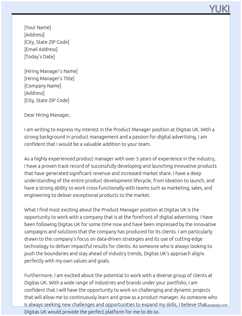 Product manager At Digitas UK Cover Letter