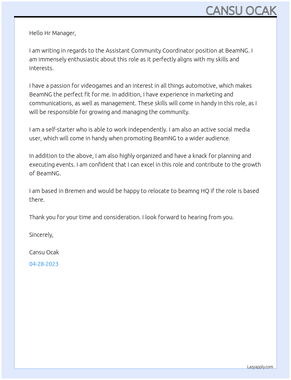 Assistant Community Coordinator At BeamNG Cover Letter