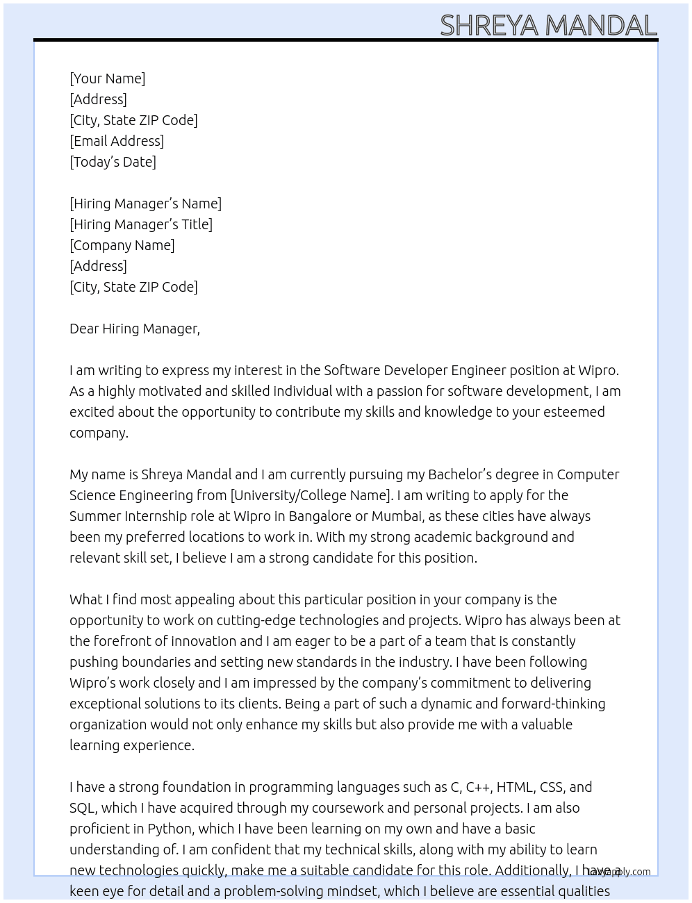 Software Developer Engineer At Wipro Cover Letter