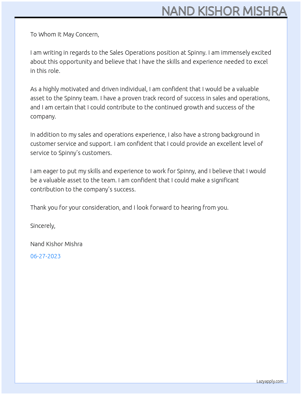 salse operation At spinny Cover Letter
