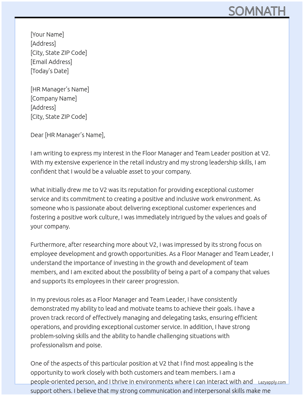 Floor manager and team leader  At V2 Cover Letter