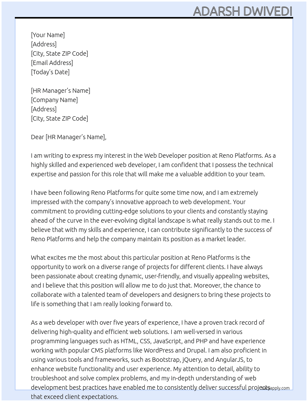 Web developer At Reno Platforms Cover Letter