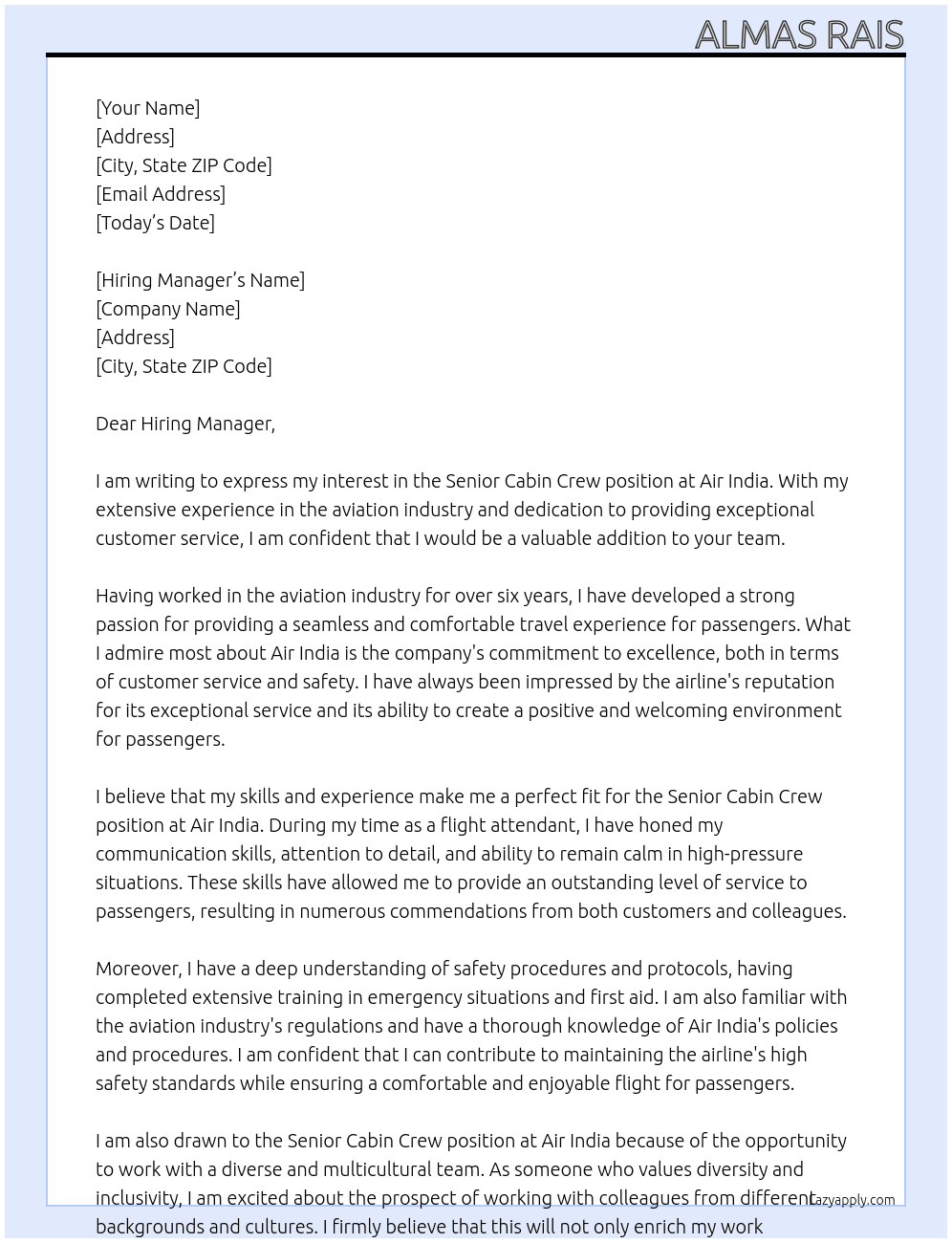 Senior Cabin Crew At Air India Cover Letter