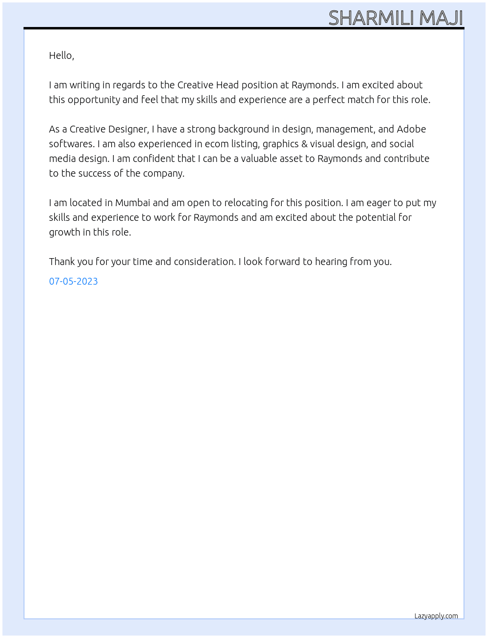 Creative Designer At Raymonds Cover Letter
