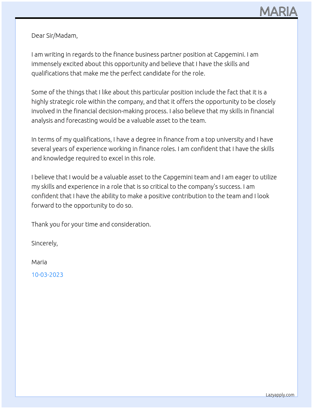 Finance business partner At Capgemini Cover Letter