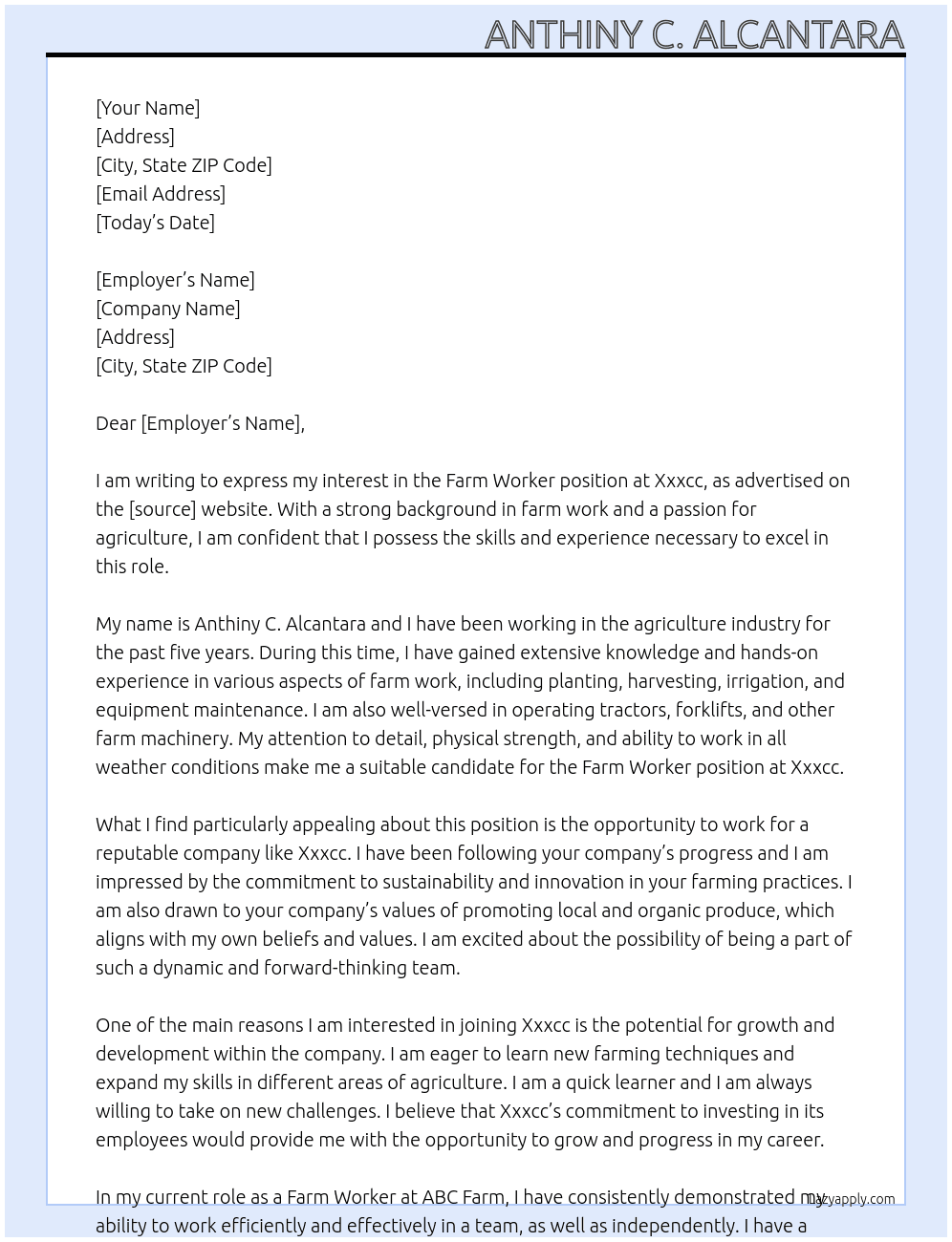Farm worker At Xxxcc Cover Letter