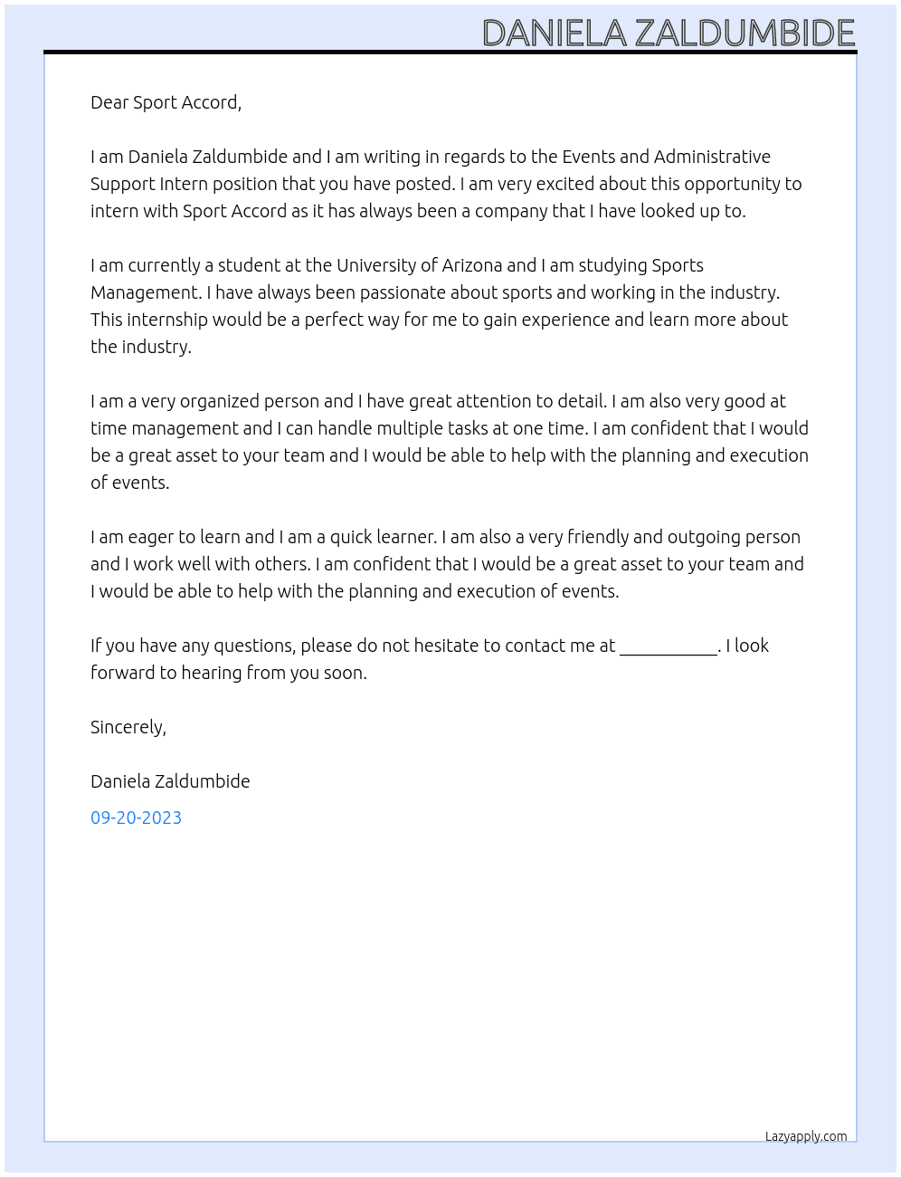 Events and Administrative Support Intern  At Sport Accord Cover Letter