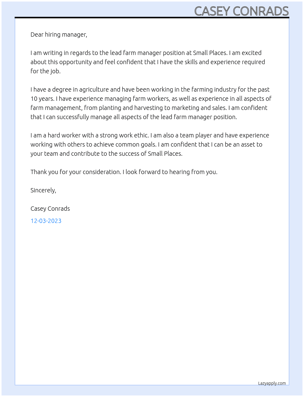 Lead Farm Manger At Small Places Cover Letter