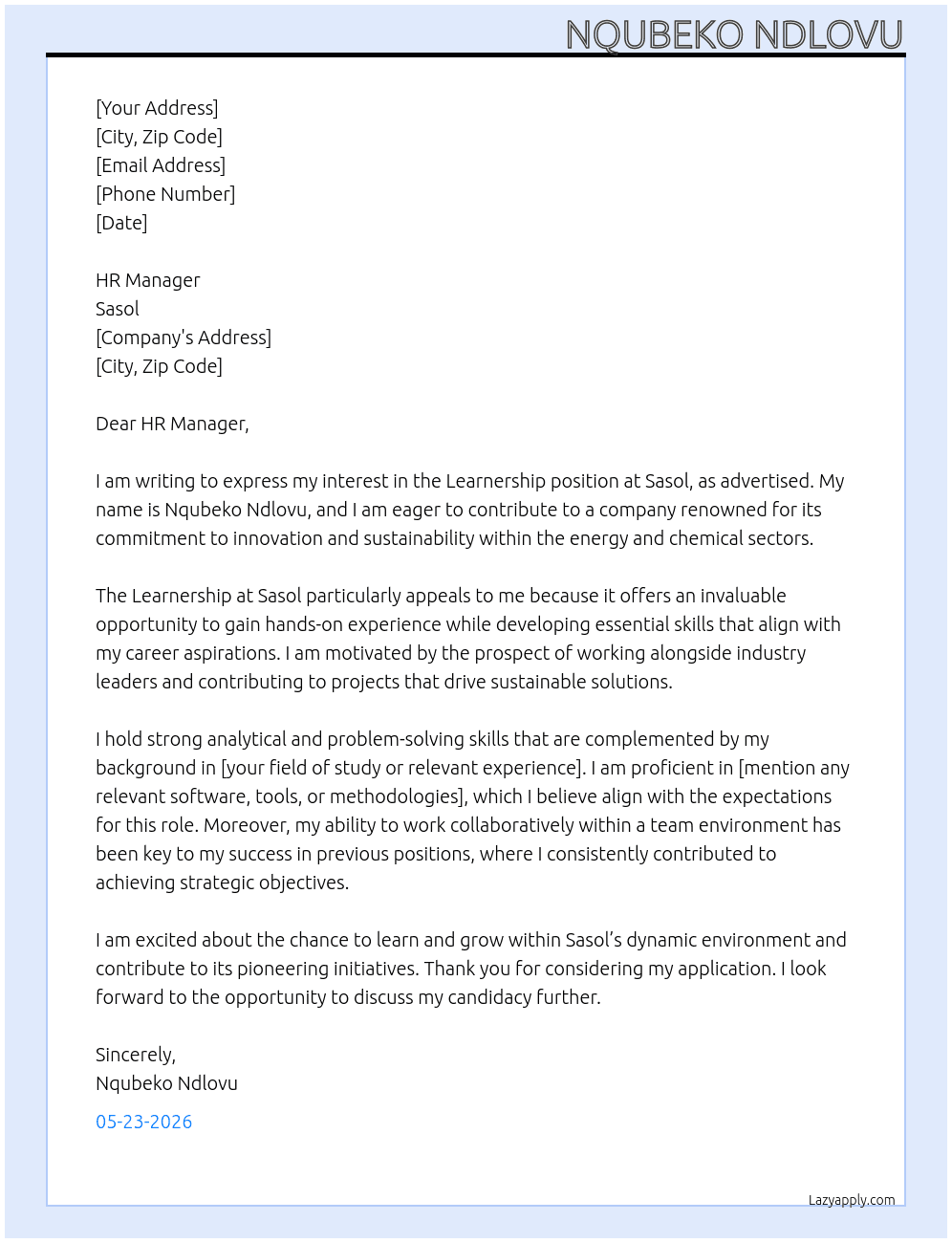 Learnership At Sasol Cover Letter