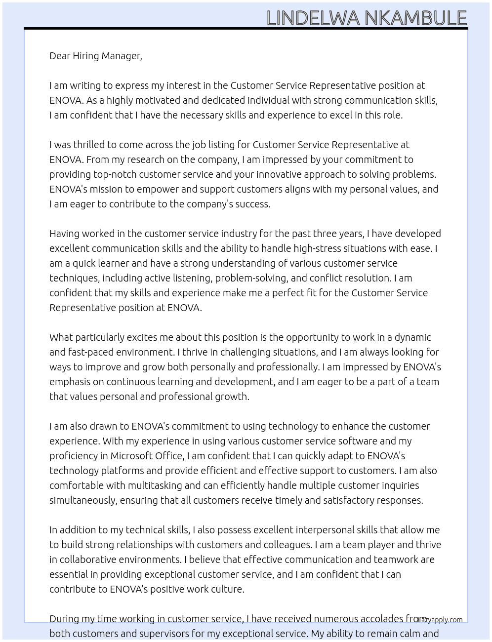 customer service representative At ENOVA Cover Letter