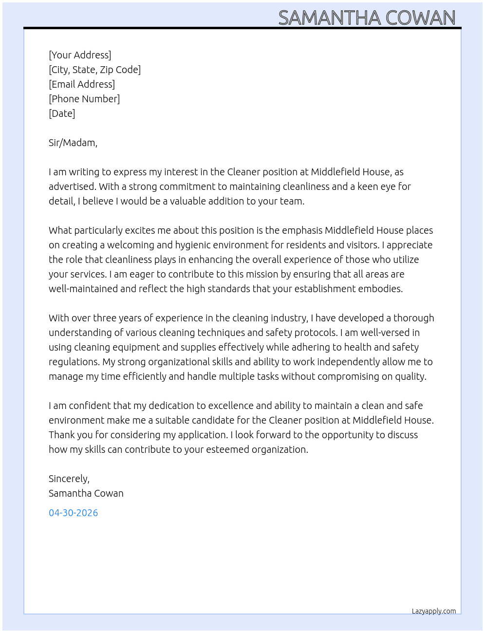 Cleaner  At Middlefield House Cover Letter