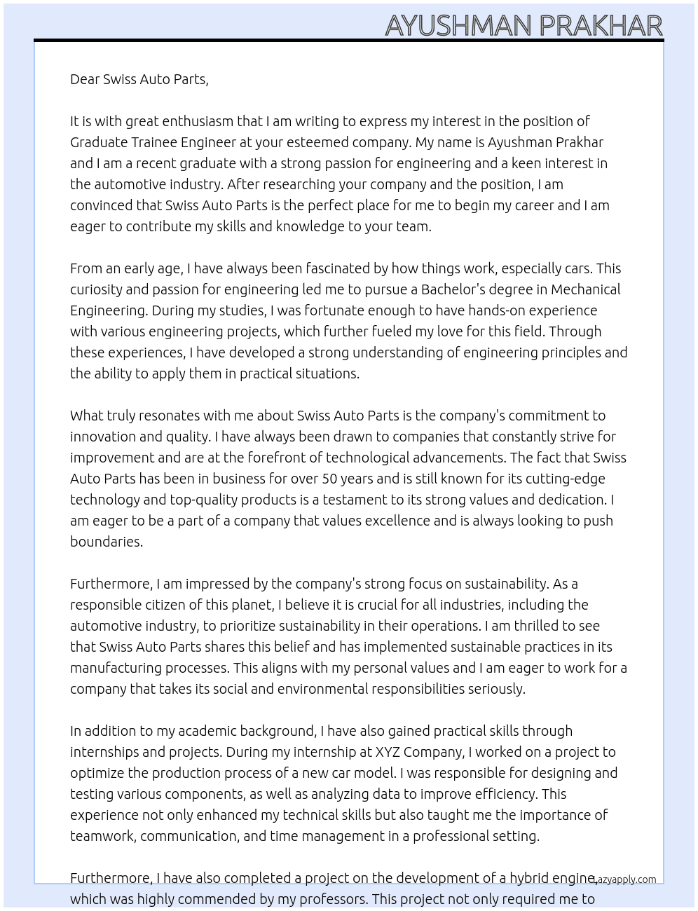 Graduate Trainee Engineer At Swiss Auto Parts Cover Letter