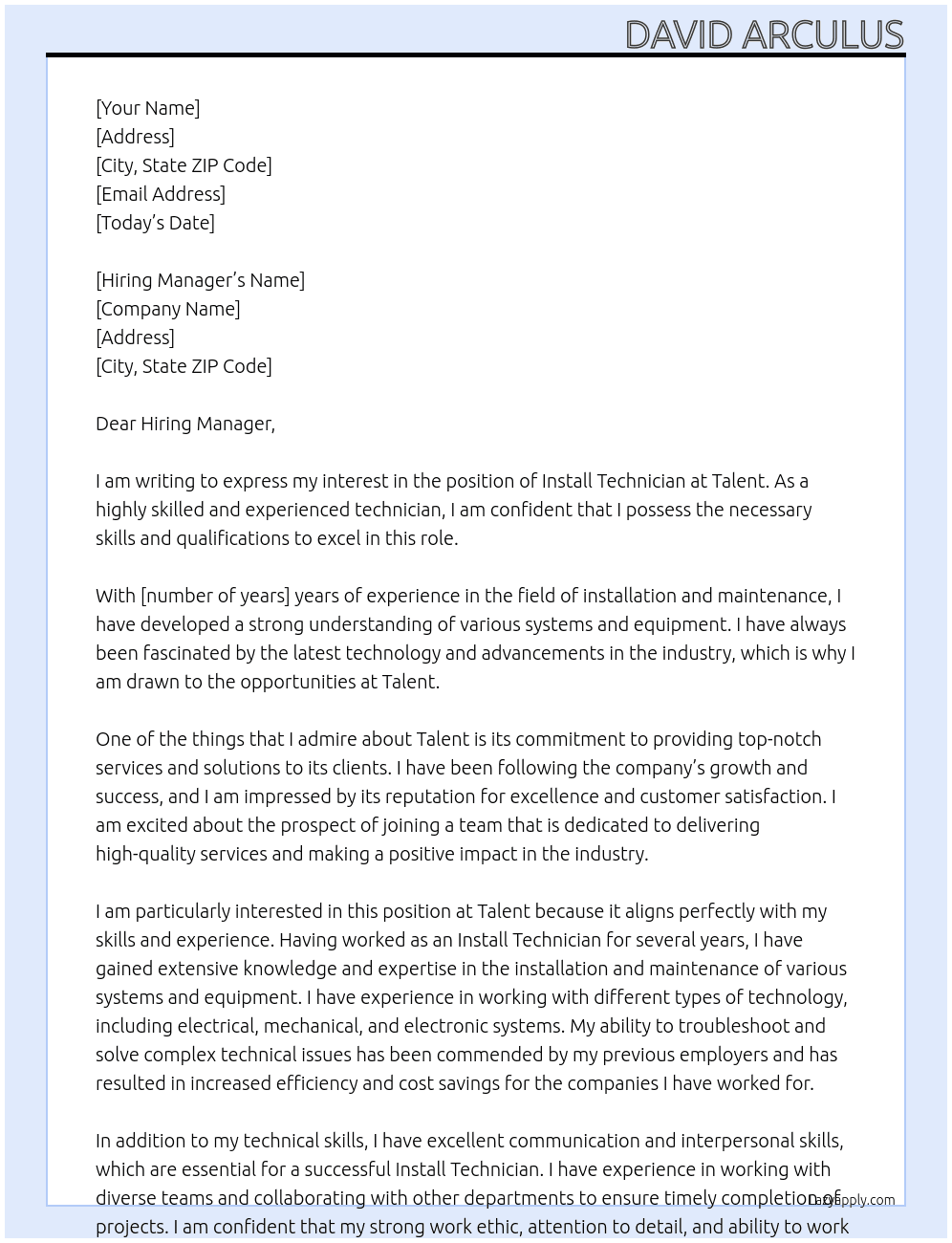 Install Technician At Talent Cover Letter