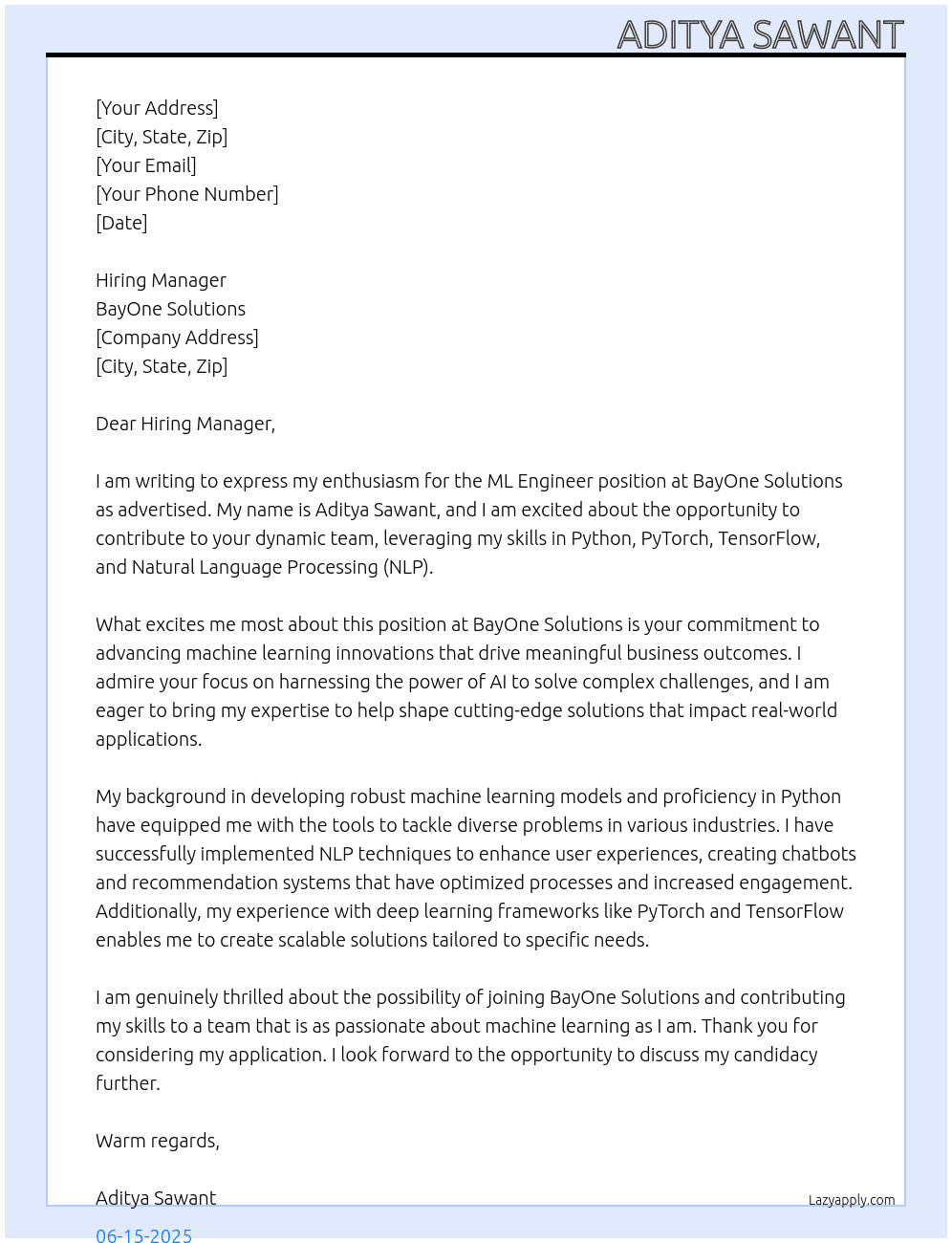 ML Engineer At BayOne Solutions Cover Letter