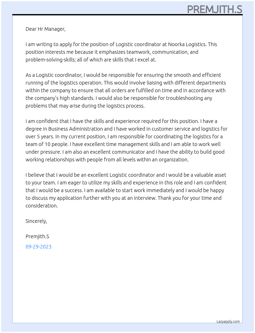 Logistic coordinator  At Noorka Logistics Cover Letter