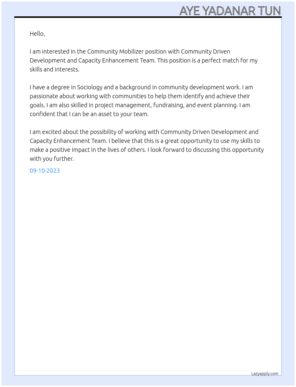 Community mobilizer At Community Driven Development and Capacity Enhancement  Team Cover Letter