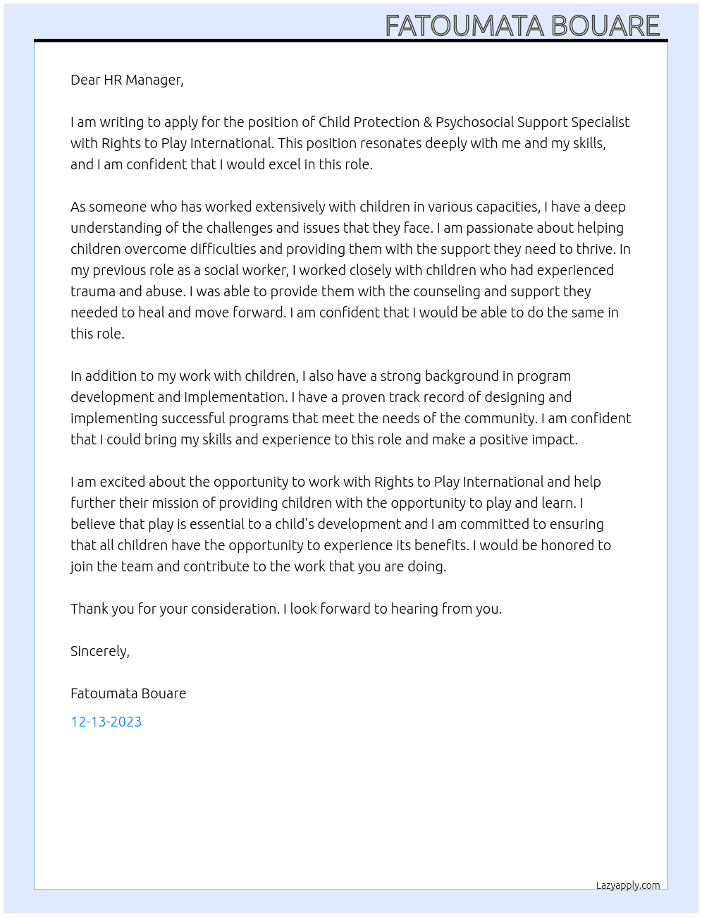 Child Protection & Psychosocial Support Specialist At Rights to Play International Cover Letter
