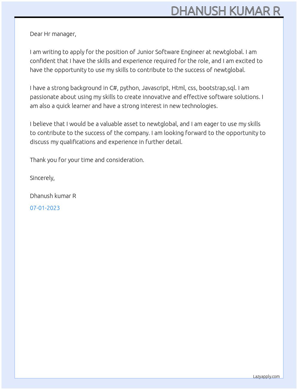 Junior Software Engineer  At newtglobal Cover Letter