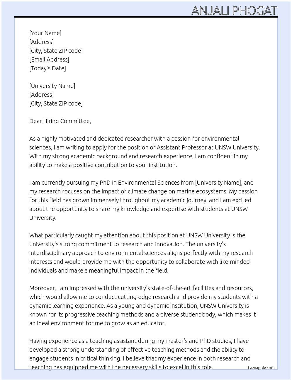 Assistant professor At UNSW university Cover Letter