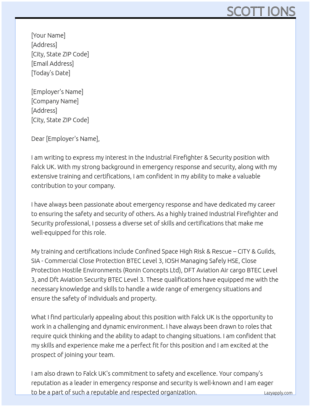 Industrial Firefighter & Security At Falck Uk Cover Letter