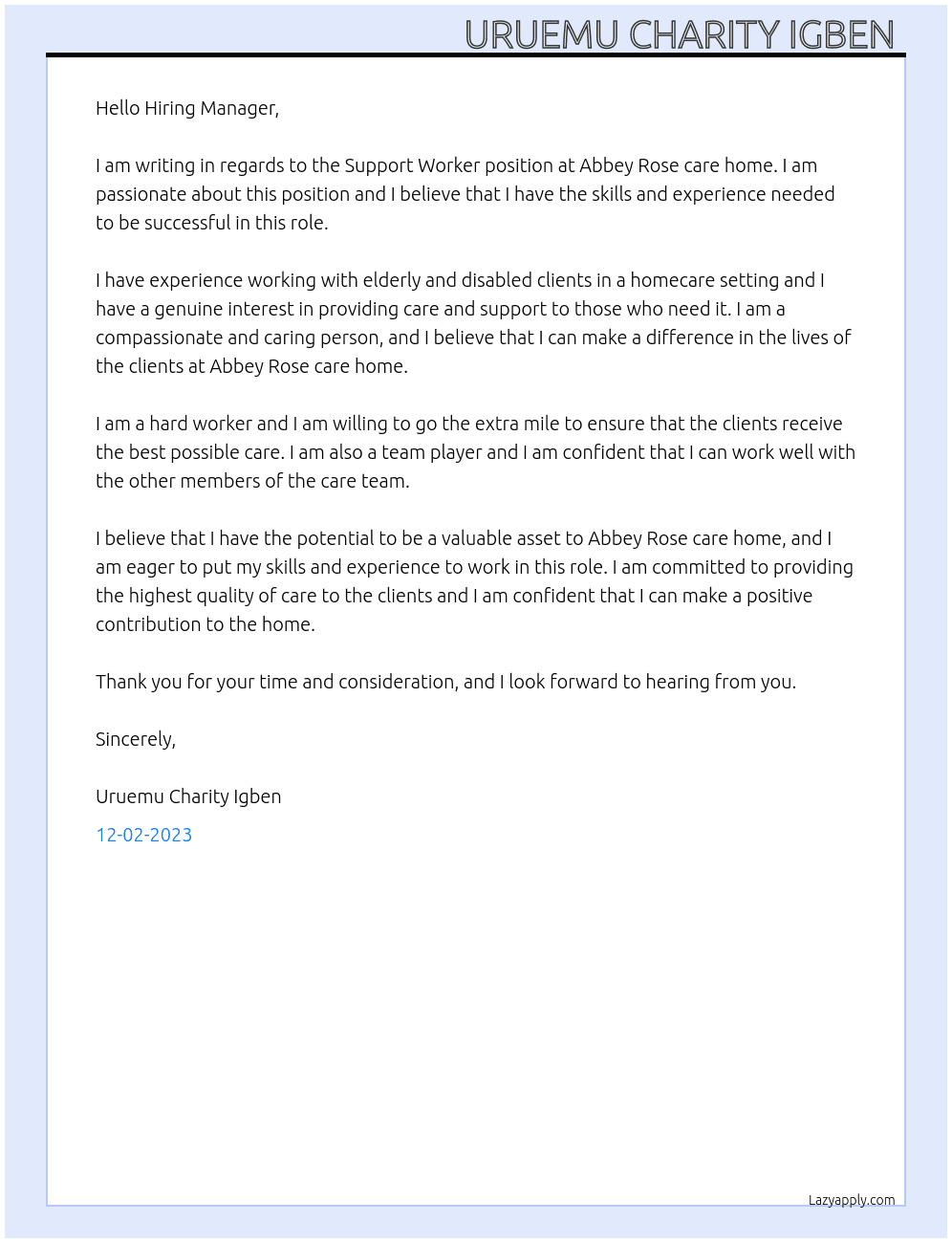 Support worker  At Abbey Rose care home Cover Letter