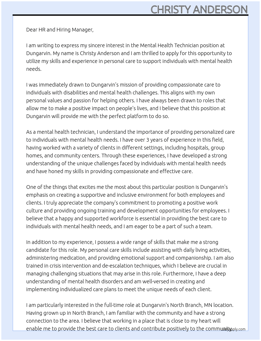 Mental health Technician  At Dungarvin Cover Letter