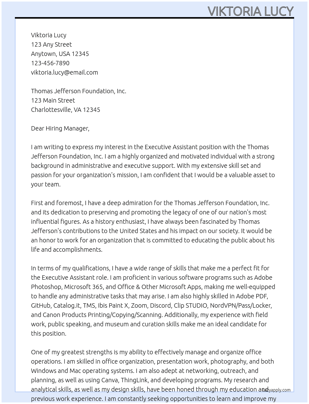 executive assistant At Thomas Jefferson Foundation, Inc. Cover Letter